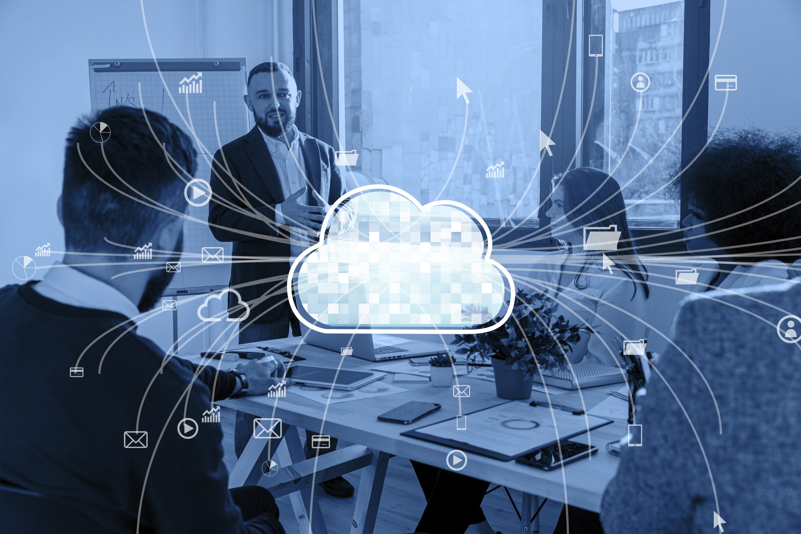 Salesforce Partners in a meeting explaining various Salesforce Integrations to Stakeholders with Slaesforce logo in centre and connected apps in foreground
